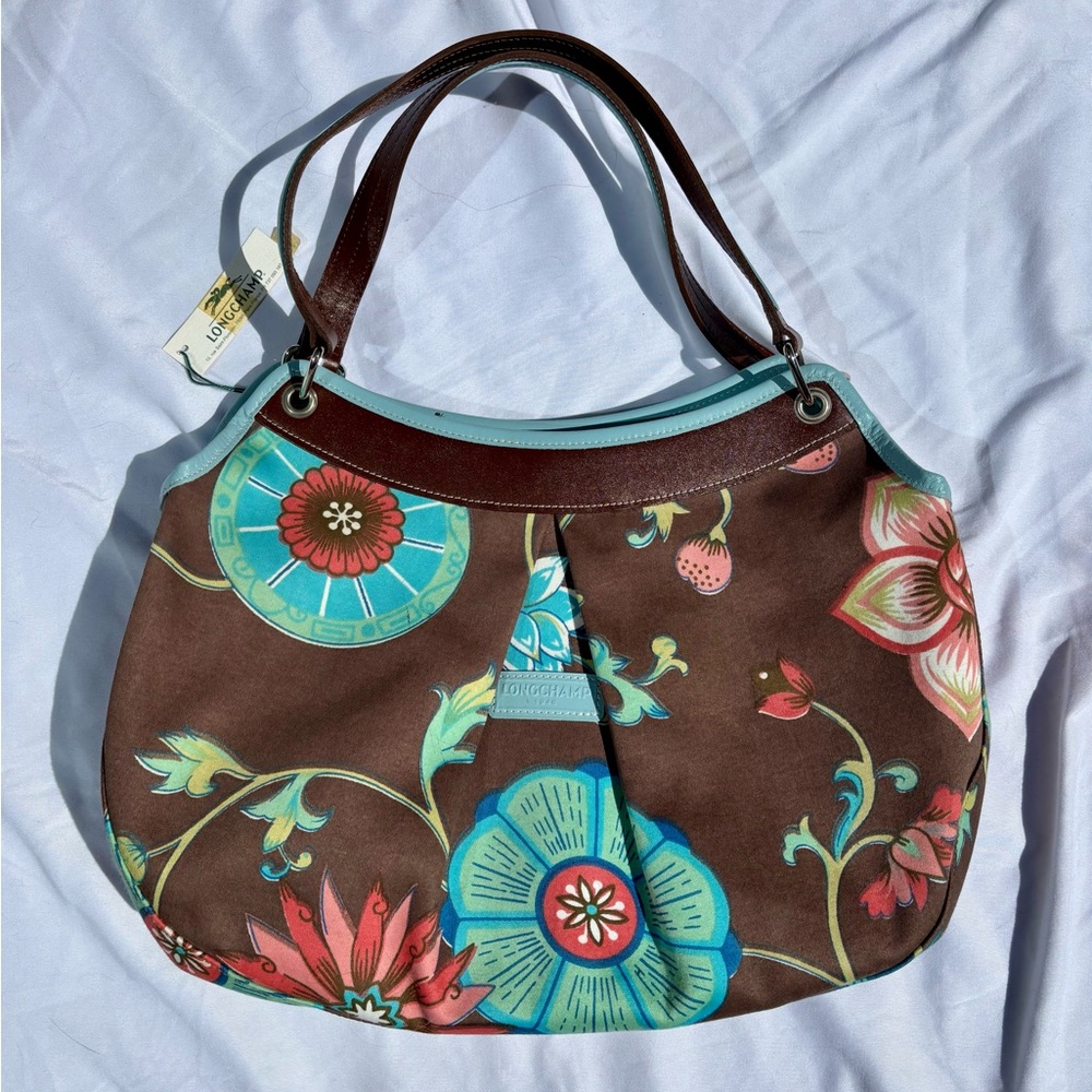 Longchamp Brown and Blue Shoulder Bag with Floral Design